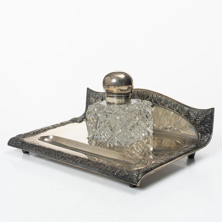 Jugend/Art Nouveau, CG Hallberg, writing desk, silver and glass, Stockholm 1916.