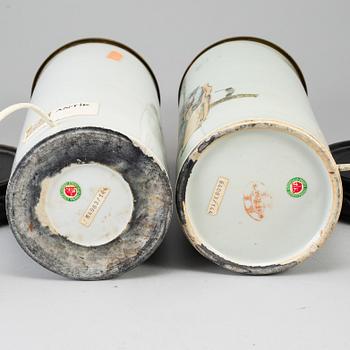 Two Chinese famille rose hat stands turned into table lamps, 20th century.