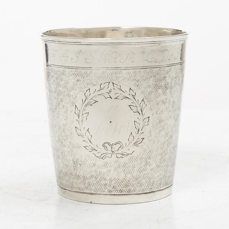 Cup, silver, so-called snake skin cup, unidentifiable marks, early 18th century.