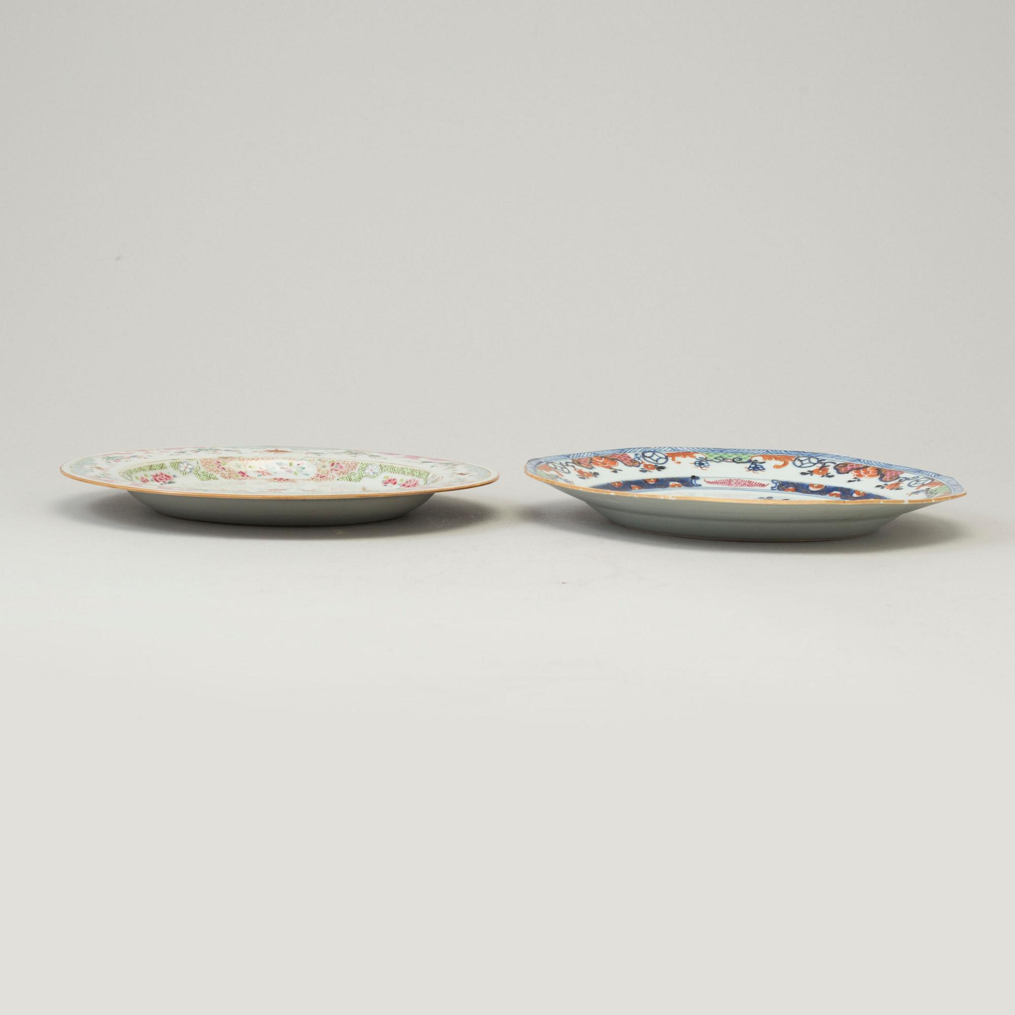 Two famille rose export porcelain plates, Qing dynasty, 18th century.
