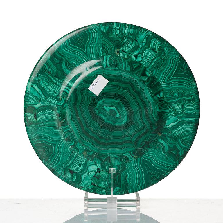 A Russian Nicholas II malachite-veneered dish, presumably Yekaterineburg Imperial Lapidary, circa 1900.