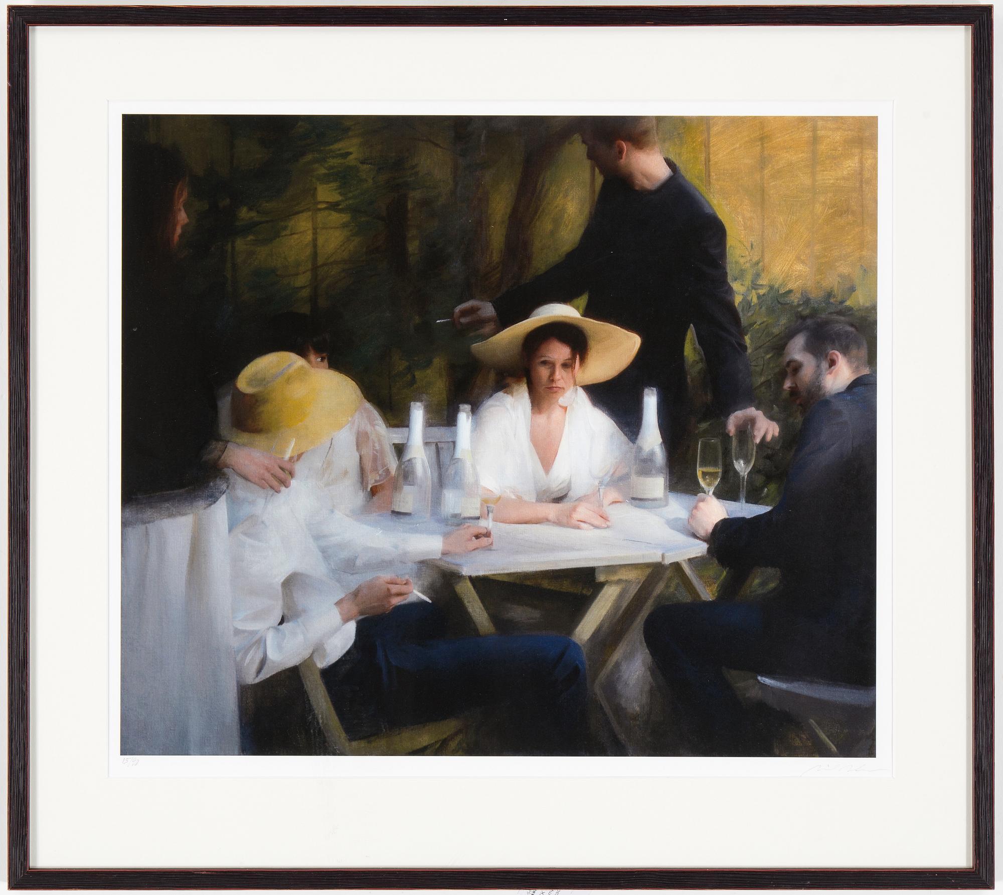 NICK ALM, färglitografi, "Champagne breakfast". Signerad och numrerad 15/90.