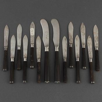 A pair of butter knifes and twelve fruit knifes. Sweden 19th century.