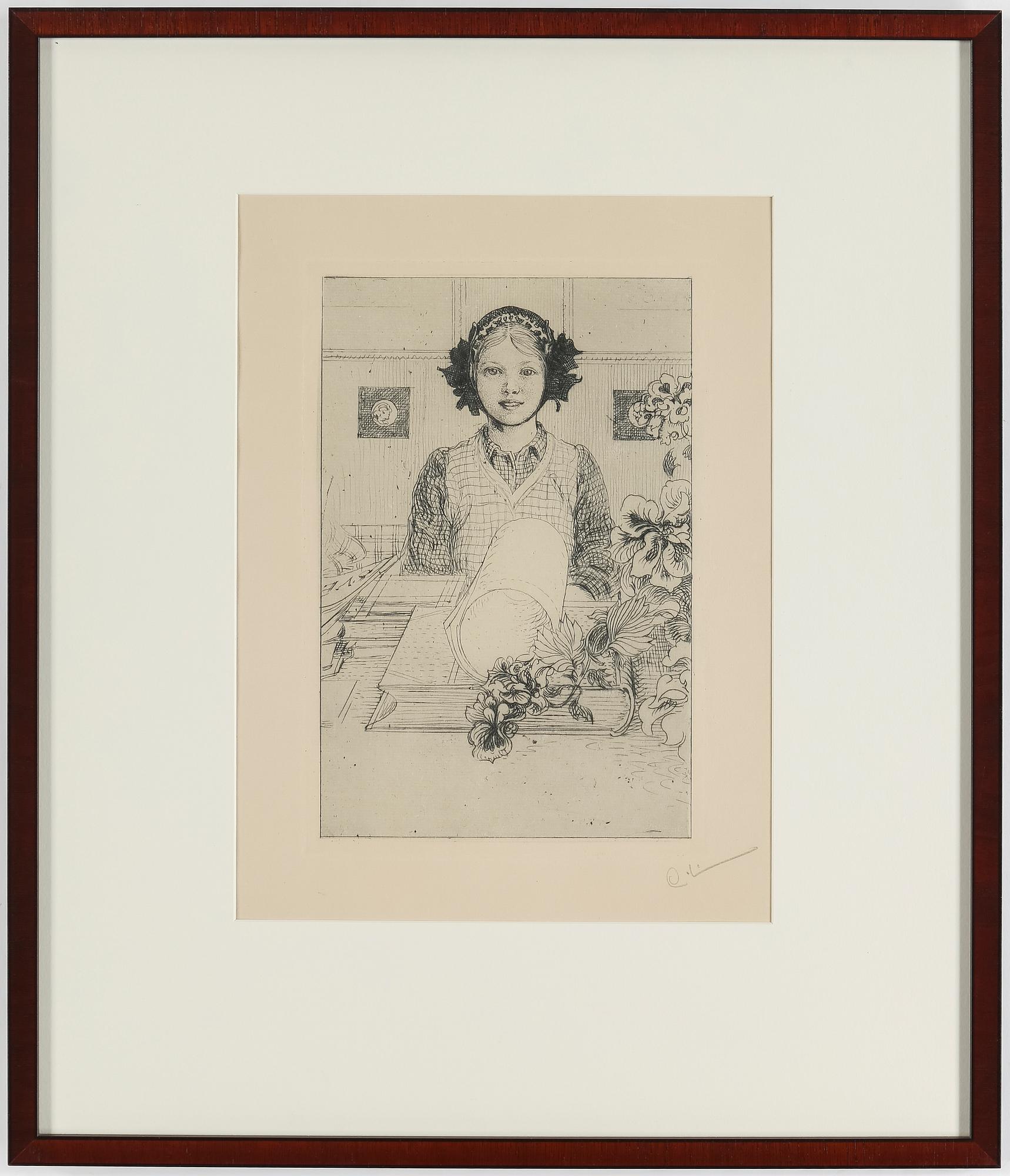 CARL LARSSON, etsning, signerad C.L. med blyerts. Utförd 1917. Etat 2. Mycket sällsynt. "Ung flicka".