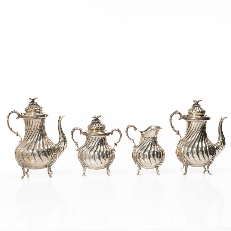 Tea/coffee service, 4 pieces, silver, Rococo style, 20th century.
