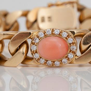 A coral and brilliant-cut diamond bracelet. Total carat weight of diamonds circa 0.70 ct.