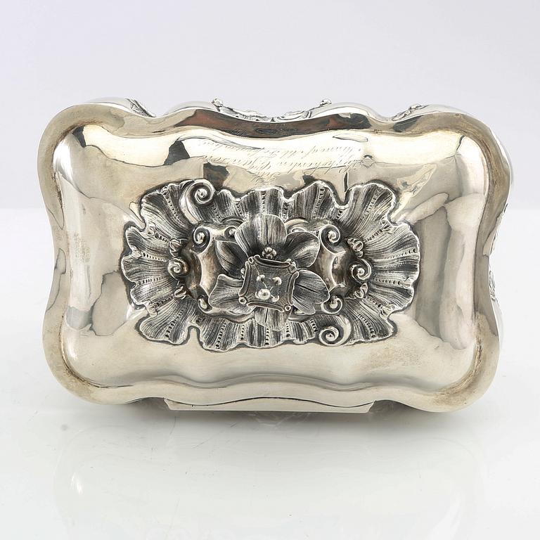 Christian Hammer sugar box with key, silver, Stockholm 1858, Neo-Rococo.