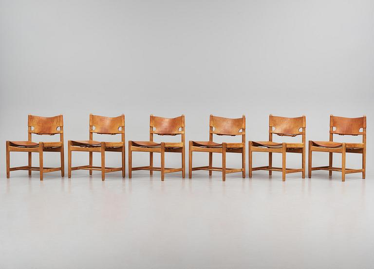 Børge Mogensen, a set of eight "Jagtspisestol"/"Spanish Dining" chairs model "3237" & "3238", Fredericia Stolefabrik, Denmark.