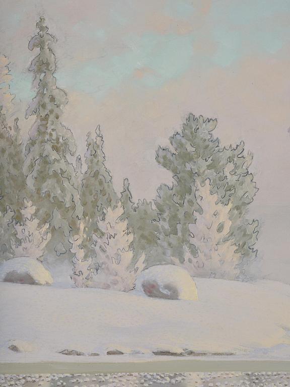 Gustaf Fjaestad, Rime frost over frozen lake in sunlit landscape.