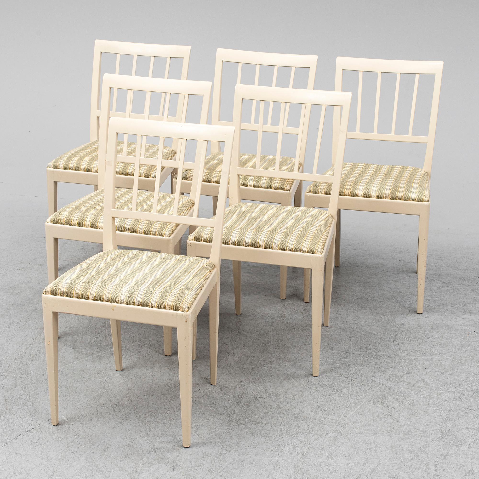 CARL MALMSTEN, matgrupp, 7 delar, 6 stolar samt bord. Två iläggskivor medföljer.