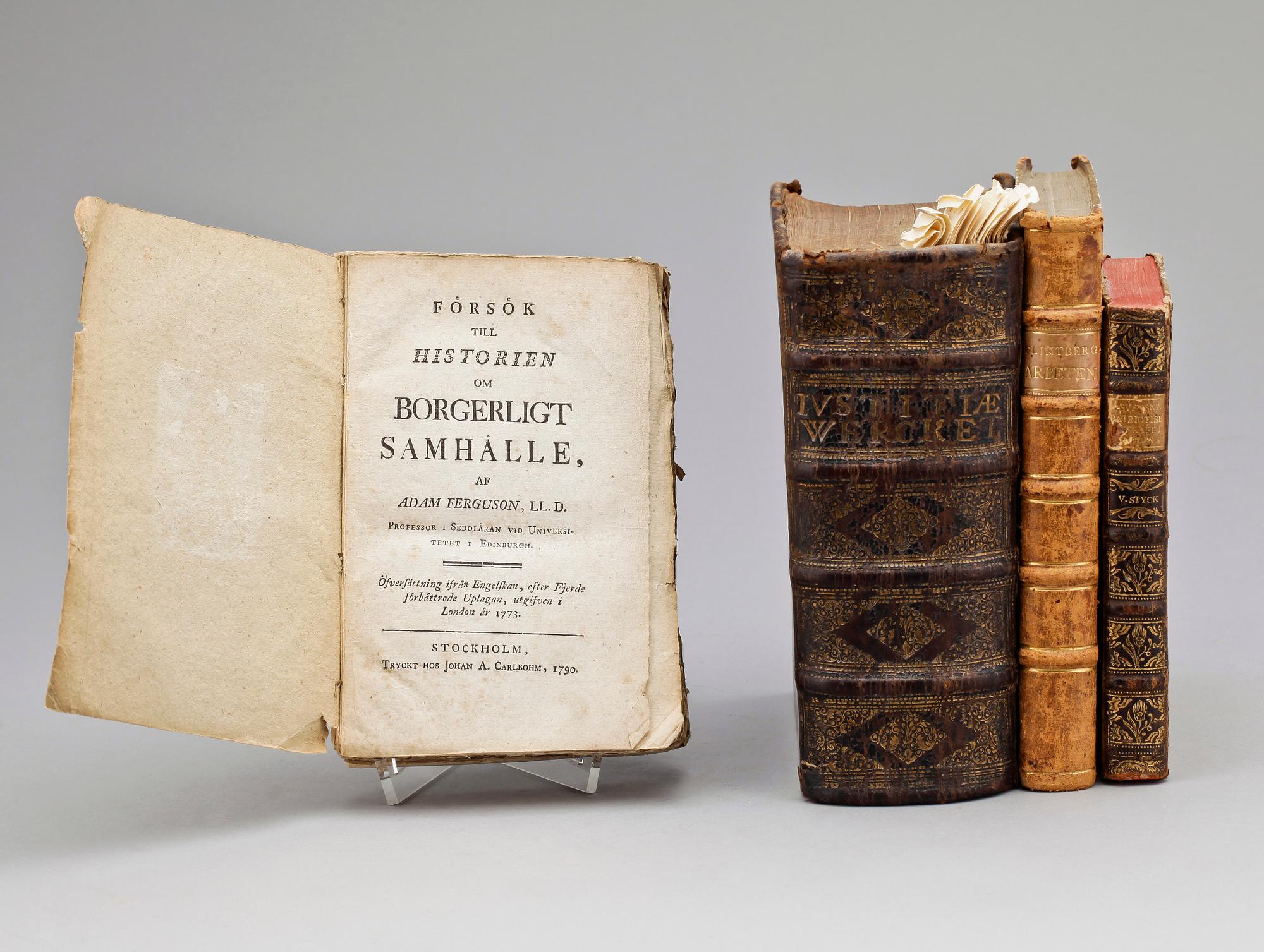 BÖCKER, 4 st, bla "Försök till Historien om Borgerligt Samhälle" av Adam Ferguson, Stockholm 1790.