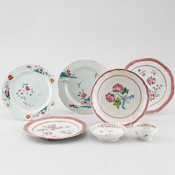 Five 18th century porcelain chinese dishes and one cup and saucer.