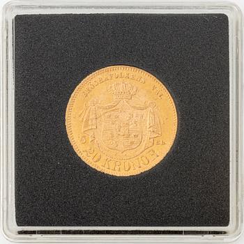 Gold coin, Oscar II, 20 kr, type II, Sweden 1877.