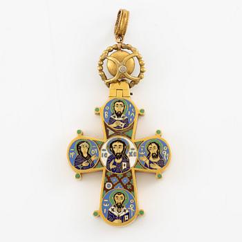 Cross 18K gold with enamel and white stone with relic compartment.