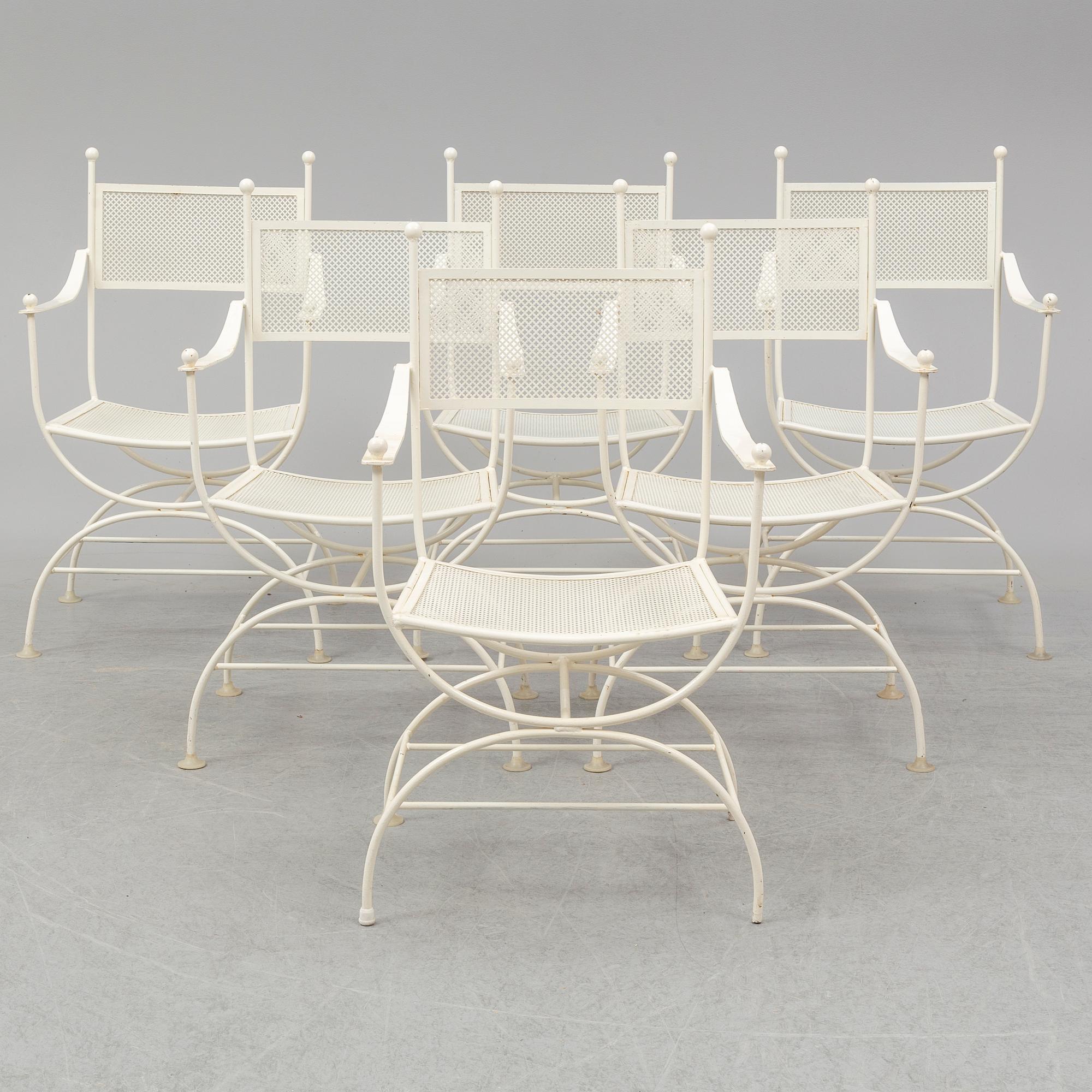 A set of six 20th century painted metal garden/patio chairs.