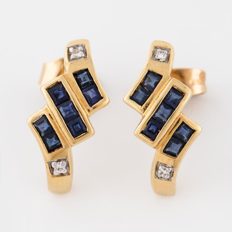 A pair of square cut sapphire and brilliant cut diamond earrings.