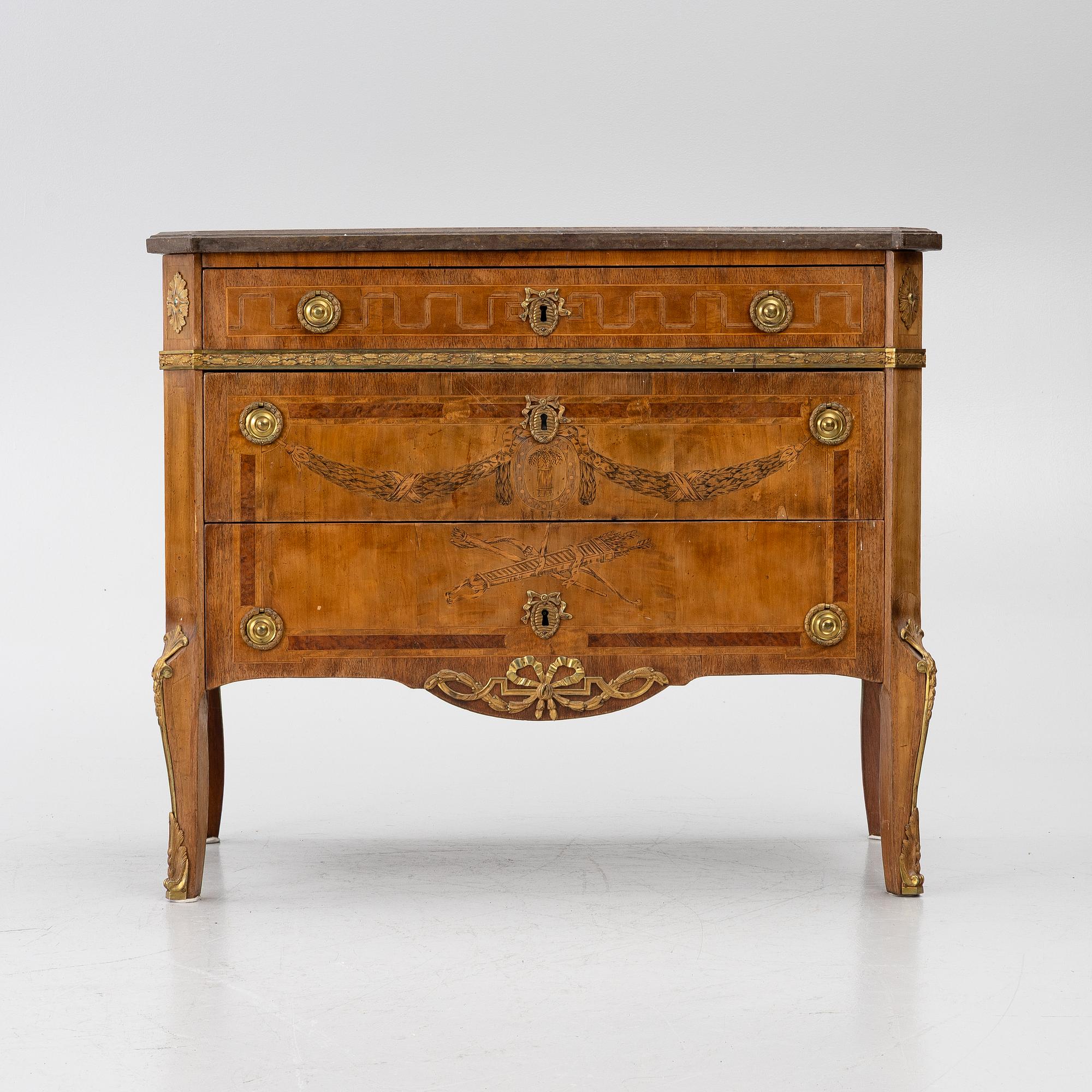 A Gustavian marquetry commode, Stockholm, late 18th century incorporating later elements.