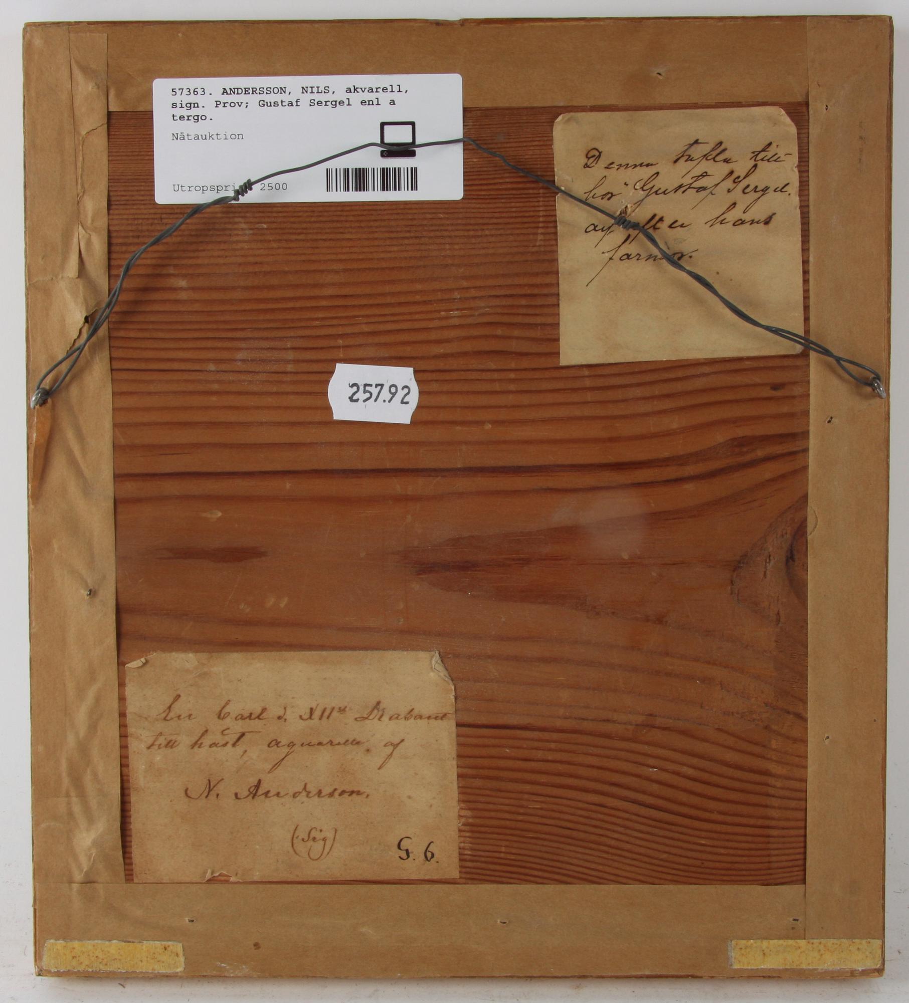 ANDERSSON, NILS, akvarell, sign. Prov; Gustaf Sergel enl a tergo.