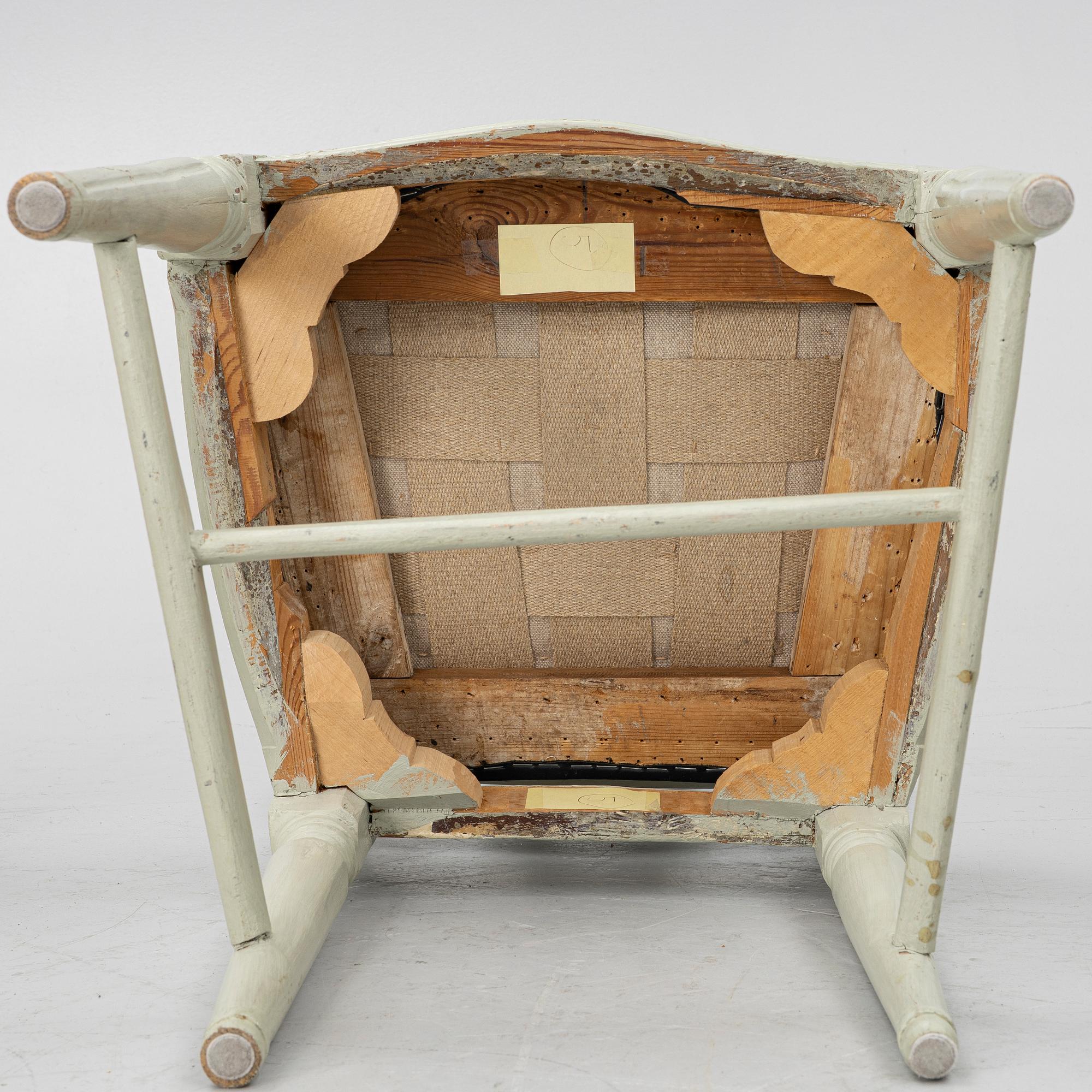 Ten similar Gustavian chairs, Sweden, around the year 1800.