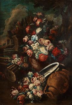 Fransesco Lavagna Circle of, Still life with flowers and a fountain.