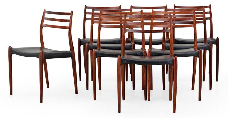 A Niels Ole Møller palisander dining table and nine chairs, J.L. Møller, Denmark 1950's-60's.