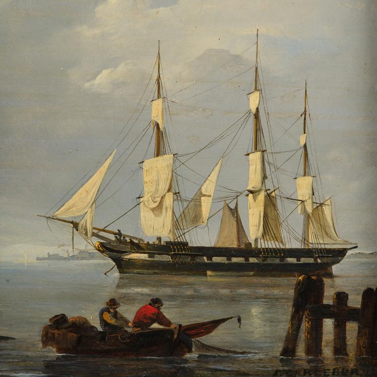 François Carlebur, Fishing boats on the shore and a frigate at anchor.