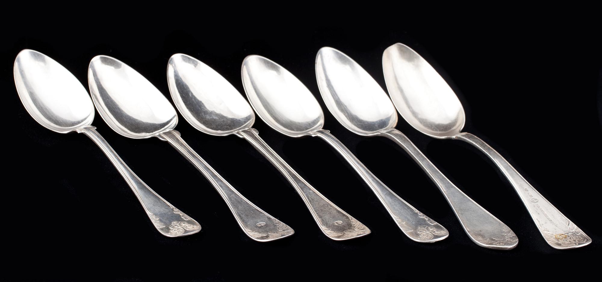 SKEDAR, 6 st, silver, 1828-1905, vikt c:a 370 g.