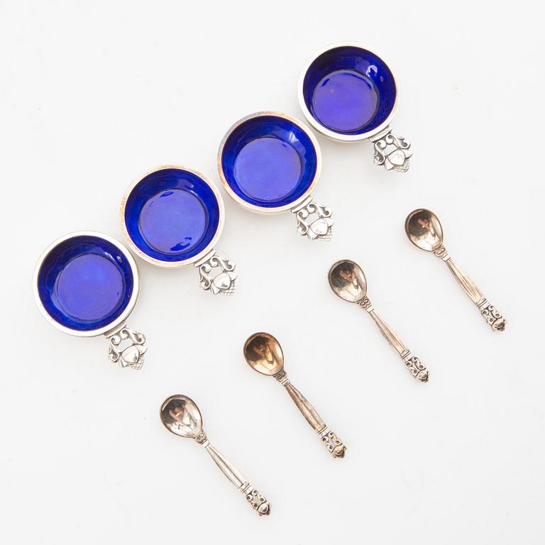 Johan Rohde, salt cellars 4 pcs and spoons "Konge/Achorn" sterling silver for Georg Jensen after 1945.