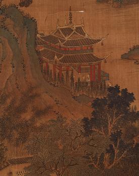 A mountain landscape with pagodas.