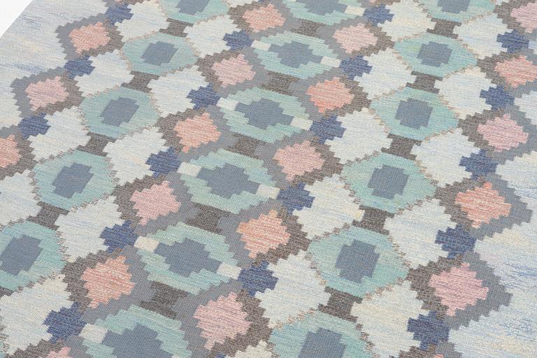 Judith Johansson, a carpet, 'Myosotis' ('Forget-me-not'), flat weave, c. 278 x 205 cm, signed JJ.