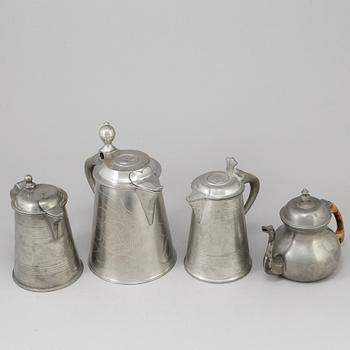 THREE PEWTER JUGS AND A TEAPOT, 19th century.