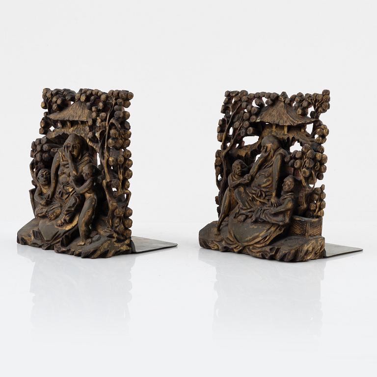 Two book ends made from Chinese wooden deocrative ornaments, early 20th Century.