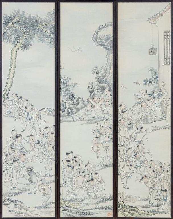 Okänd konstnär, målningar, 3 st, tusch och färg på papper, Kina, 1900-tal.