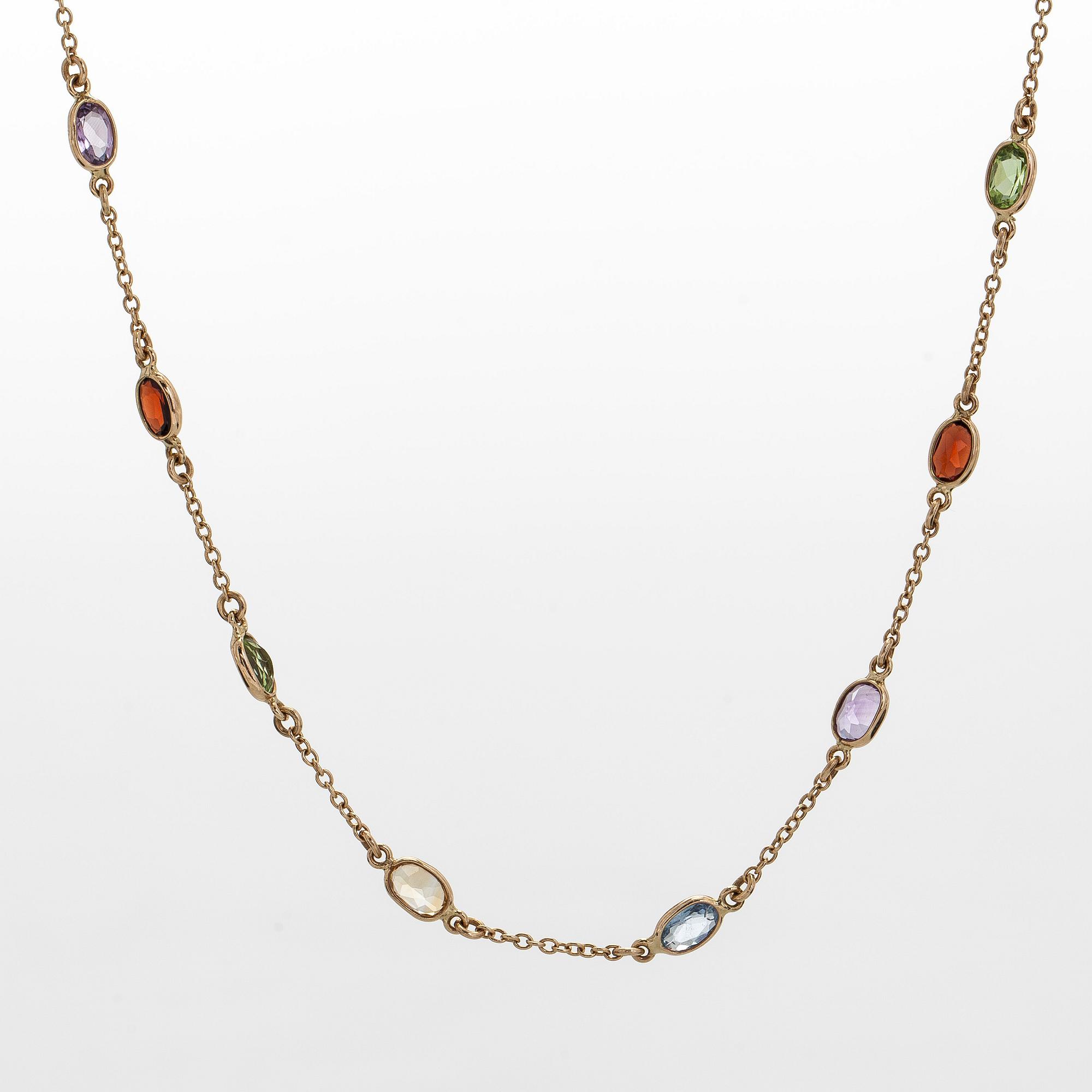 Halsband, 14K guld med slipade peridoter, granater, citriner och ametister.