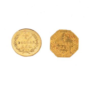 Två mynt, ¼ dollar USA 1872.