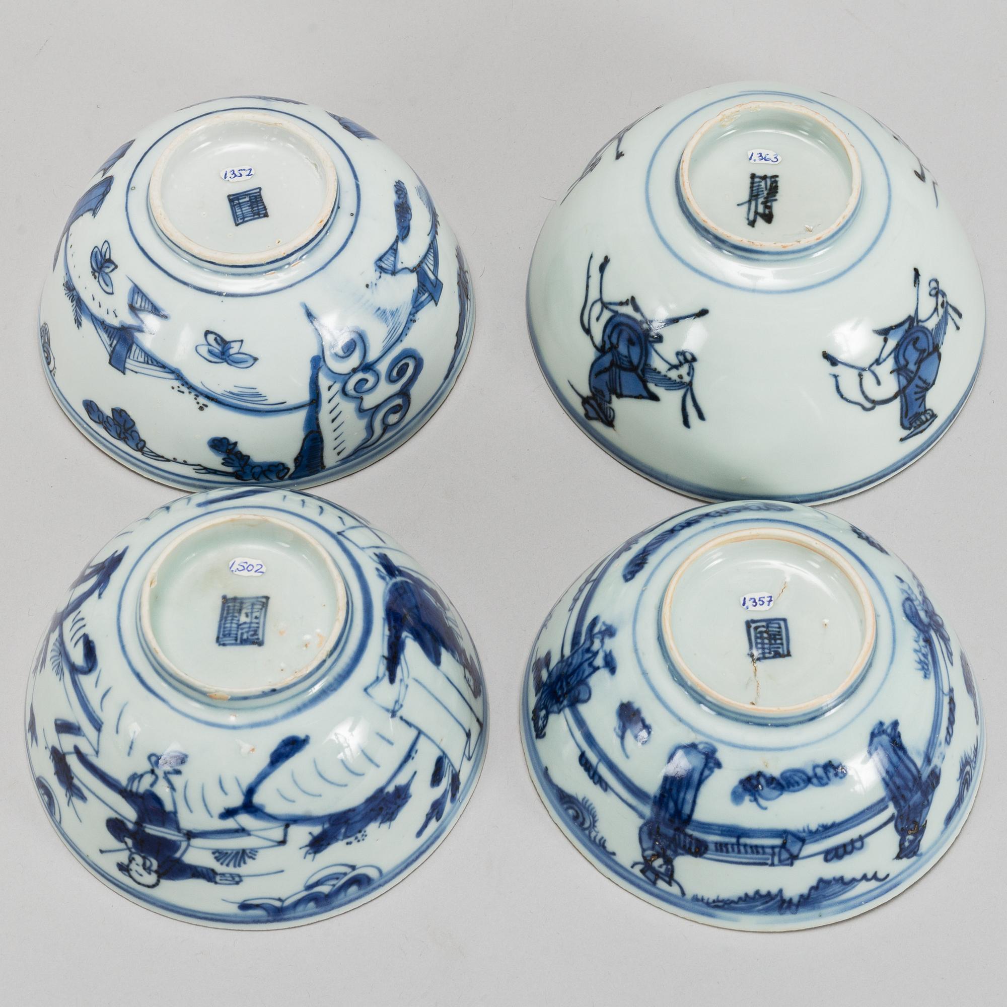 A group of four blue and white bowls, Ming dynasty (1368-1644).