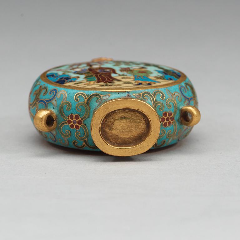 A cloisonné snuff bottle with stopper, presumably late Qing dynasty.