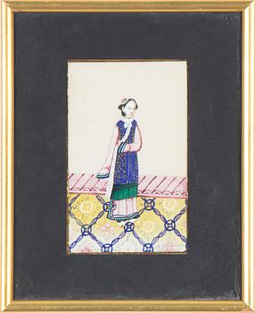 Akvareller på rispapper, två stycken. Qingdynastin, 1800-tal.