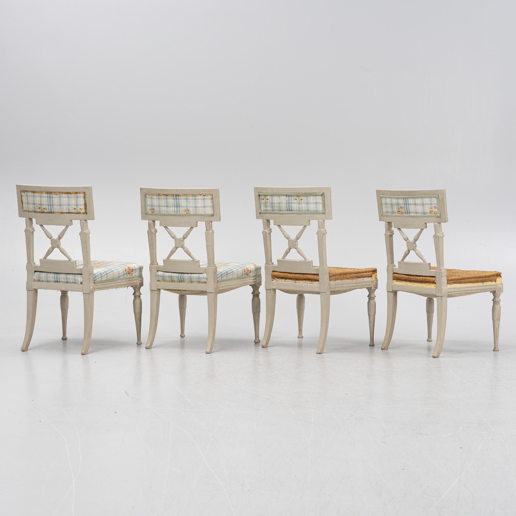 A set of four late Gustavian chairs, around the year 1800.