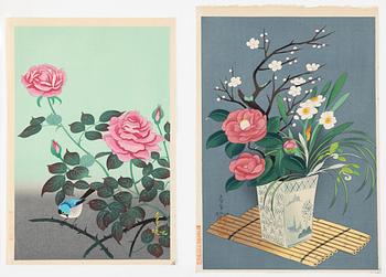 Ohno Bakufu, Motif of a bird and flowering roses, and a vase with prunus, peonies, daffodils and an orchid.