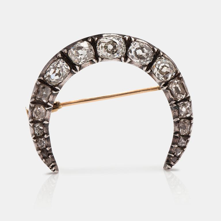 Brosch, 14K guld och silver, gammalslipade diamanter ca 1.24 ct tot. Sent 1800-tal.