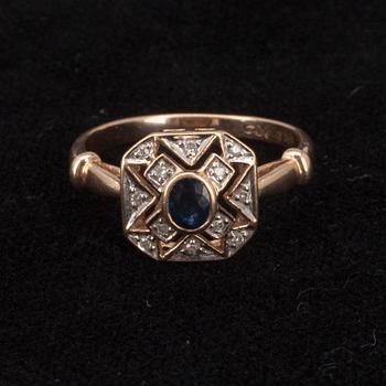 RING, guld 14K, safir med små diamanter, 1997. Vikt 2,9 g.