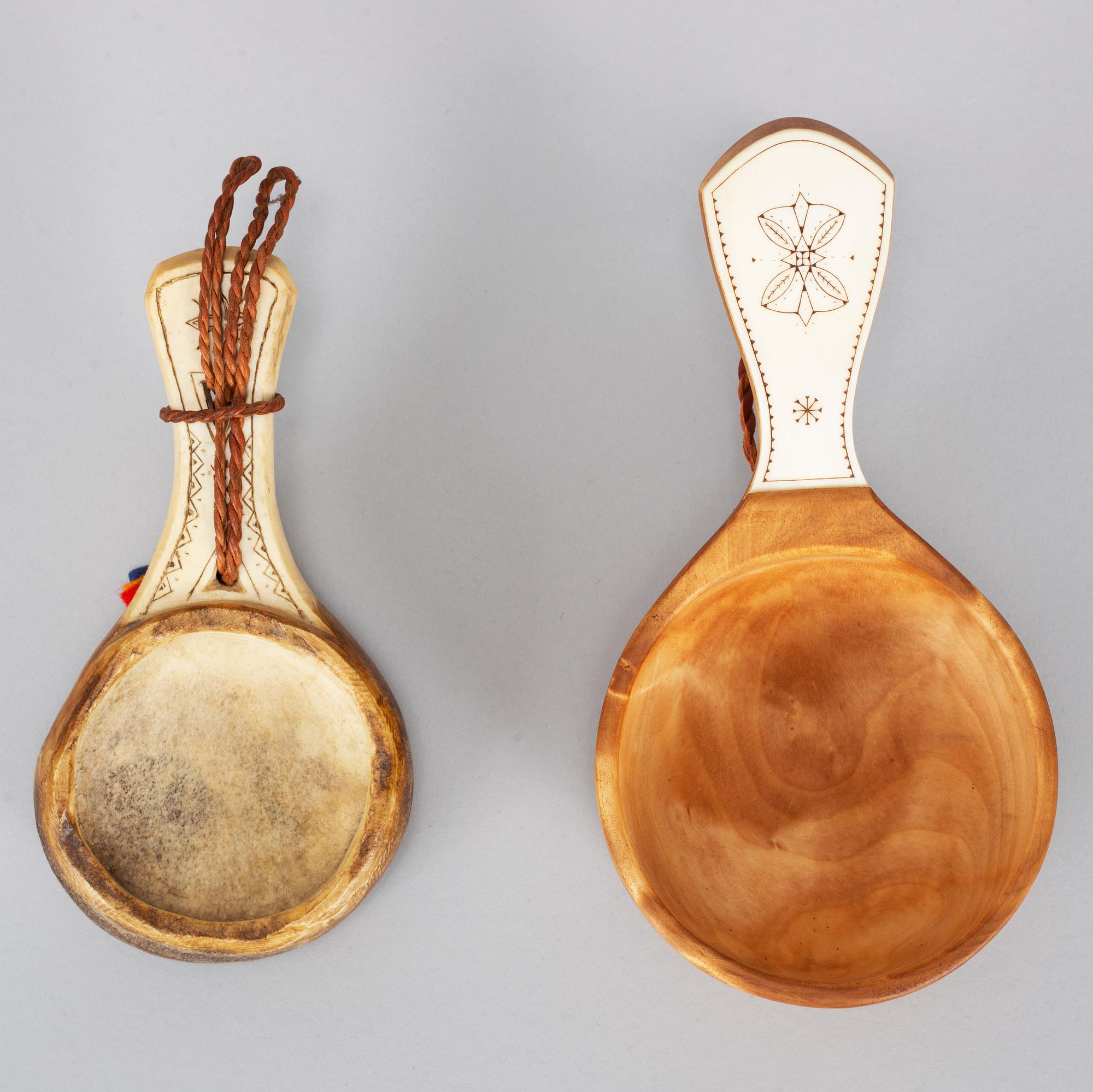 Two Sami drinking cups, birch and reindeer horn, signed H.F. and TE.
