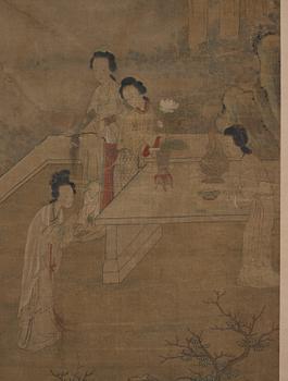 Gu Jianlong In the manner of the artist., Elegant ladies of the court by a table with antiques and precious objects in a garden.