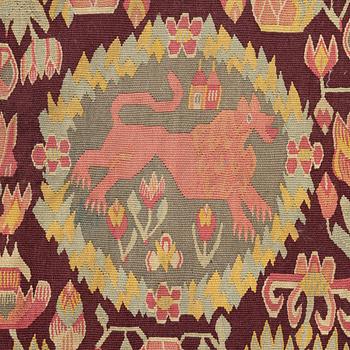 Jynne, "Rött Lejon", flamskväv, 54 x50 cm, sydvästra Skåne, tidigt 1900-tal.