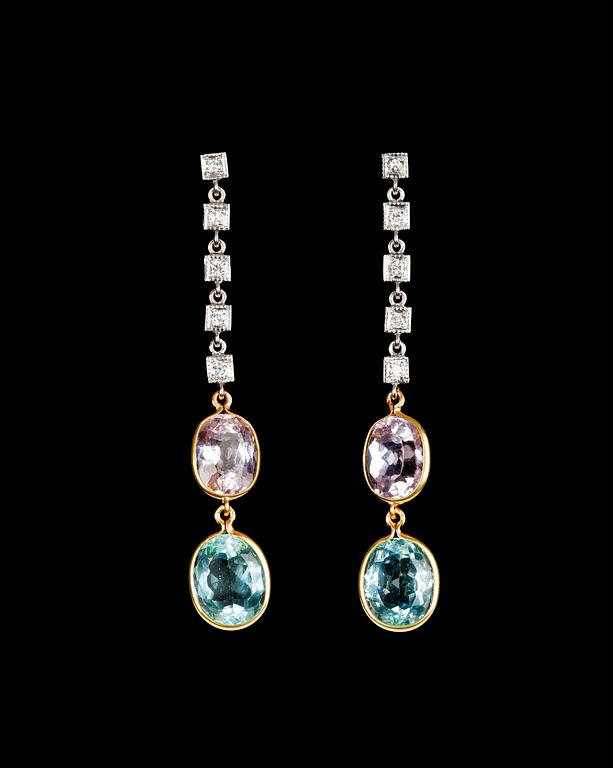 A pair of aquamarine, kunzite and diamond earrings.