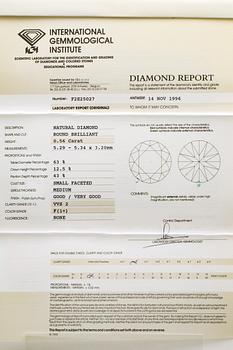 Brilliant-cut diamond, 0,56 ct F VVS2, IGI certificate F2E25027, 1996.