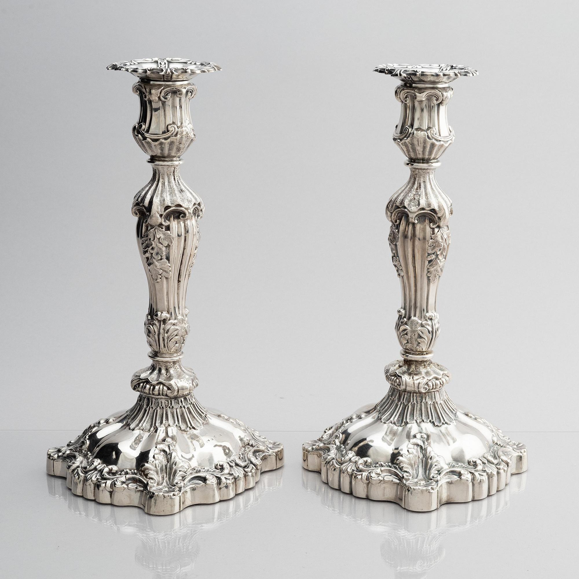 A pair of silver candlesticks, marks Gustaf Möllenborg, Stockholm 1845.