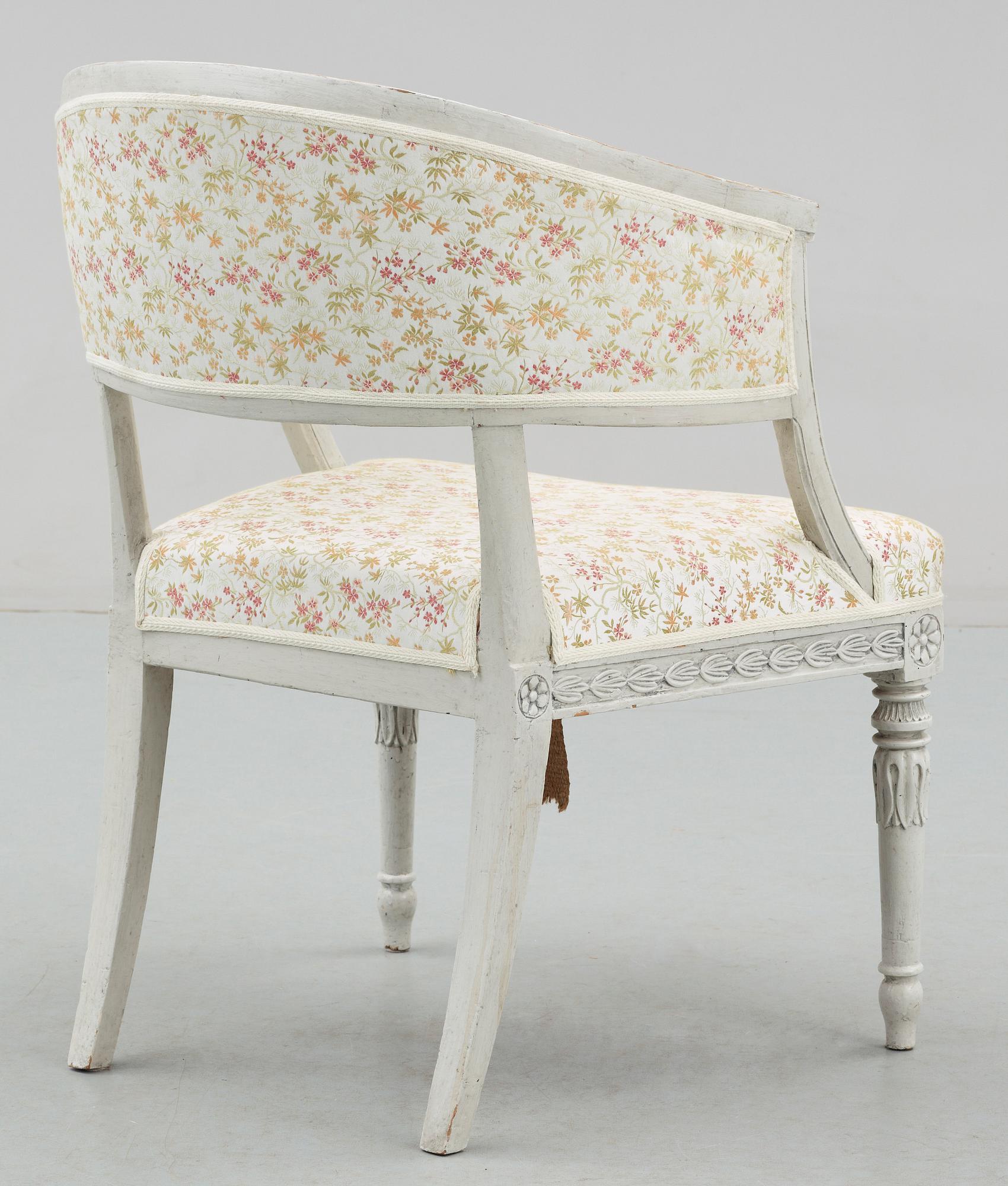 BALJFÅTÖLJ, sengustaviansk provins, brännmärkt IAS, troligen Johannes Andersson i Lindome, tidigt 1800-tal.