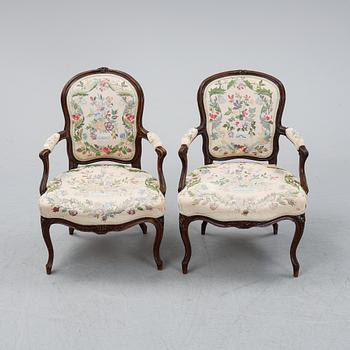 Two mid 18th century French Louis XV armchairs.